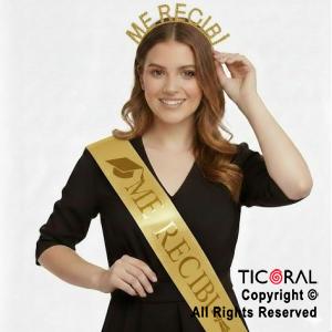 SET VINCHA Y BANDA ME RECIBI CON STRASS ORO X 1